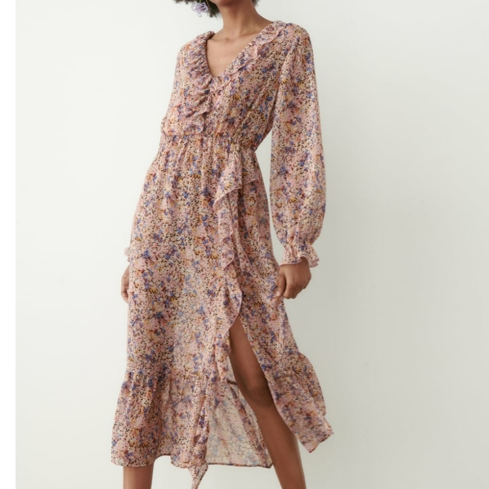 Zara ruffled print dress size M pink blue, flowy boho floral new with tag
